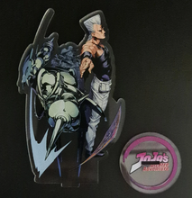 Load image into Gallery viewer, Free Royal Mail 24hr delivery Striking Acrylic stand of Jean Pierre Polnareff and Silver Chariot from the popular anime series JoJo's Bizarre Adventure. High-quality DTG print design showing Jean Pierre Polnareff and Silver Chariot posing in battle mode. Height: 12.5cm x 15cm Thickness: 3mm Excellent gift for any JoJo's Bizarre Adventure fan.