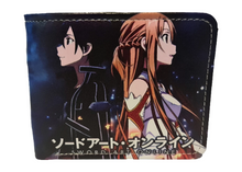 Load image into Gallery viewer, Free UK Royal Mail Tracked 24hr delivery. This premium PVC leather wallet is designed with a smooth finish. High-quality DTG design with striking colours. Two-part art piece showing two sets of anime art from the popular anime series Sword Art Online (Characters: Kirito and Asuna). Bi-fold closure, with Five card sections, One zip section, a photo ID section, and the main section. Excellent gift for any Sword Art Online fan. Limited stock available.
