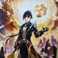 Load image into Gallery viewer, Free UK Royal Mail Tracked 24hr delivery.  Beautiful crafted Genshin Impact wall scroll showing Zhongli from the popular open-world action role-playing game. He is a polite consultant who is known to have bad spending habits but is very cool and reserved.  The scroll is made of premium Oxford fabric silk material. High-quality DTG print design.  Easy assemble (Open, reveal, pull the string, and up you go).  Excellent gift for any Genshin Impact fan.  Size: 39cm x 74cm