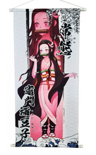Load image into Gallery viewer, Free UK Royal Mail Tracked 24hr delivery.  Beautiful crafted Demon Slayer anime wall scroll of Nezuko Kamado from the popular anime Demon Slayer.  The scroll is made of premium Oxford fabric silk material. High-quality DTG print design.  Easy assemble (Open, reveal, pull the string, and up you go).  Excellent gift for any Demon Slayer fan.  Size: 39cm x 74cm
