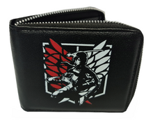 Load image into Gallery viewer, Free UK Royal Mail Tracked 24hr delivery.  This premium PVC leather wallet is designed with a smooth finish. High-quality DTG design with striking colours. Two-part art piece showing two sets of anime art on each side of the wallet.  Zip closure, with Five card sections, an internal zip section, a photo ID section, and the main section.  Excellent gift for any Attack on Titan fan.  Limited stock available.
