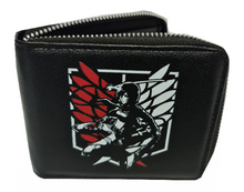 Load image into Gallery viewer, Free UK Royal Mail Tracked 24hr delivery. This premium PVC leather wallet is designed with a smooth finish. High-quality DTG design with striking colours. Two-part art piece showing two sets of anime art on each side of the wallet. Zip closure, with Five card sections, an internal zip section, a photo ID section, and the main section. Excellent gift for any Attack on Titan fan. Limited stock available.