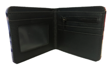 Load image into Gallery viewer, Free UK Royal Mail Tracked 24hr delivery. This premium PVC leather wallet is designed with a smooth finish. High-quality DTG design with striking colours. Two-part art piece showing two sets of anime art from the popular anime series My Hero Academia (Katsuki Bakugo). Bi-fold closure, with Five card sections, One zip section, a photo ID section, and the main section. Excellent gift for any My Hero Academia fan.
