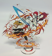 Load image into Gallery viewer, Free Royal Mail 24hr delivery Striking Demon Slayer anime acrylic stand of the famous battle between Kyōjurō Rengoku and Akaza from the popular anime series Demon Slayer. Adapted from the Demon Slayer movie - "Mugen Train". High-quality DTG print design showing the pair in battle. Height: 13cm x 15cm Thickness: 3mm Excellent gift for any Demon Slayer fan.