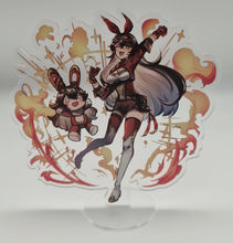 Load image into Gallery viewer, Free Royal Mail 24hr delivery Beautiful Acrylic stand of Amber and her doll (Baron bunny) from the popular open-world action role-playing game - "GENSHIN IMPACT". High-quality DTG print design showing Amber and her explosive doll posing elegantly in a fiery background. Height: 12.5cm x 15cm Thickness: 3mm