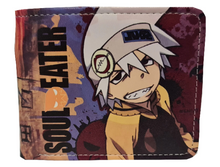 Load image into Gallery viewer, Free UK Royal Mail Tracked 24hr delivery.  This premium PVC leather wallet is designed with a smooth finish. High-quality DTG design with striking colours, adapted from the popular anime Soul Eater.  Bi-fold closure, with Five card sections, a photo ID section, and the main section.  Excellent gift for any Soul Eater fan.  Limited stock available.
