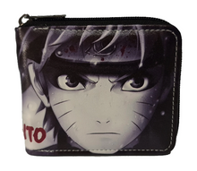 Load image into Gallery viewer, Free UK Royal Mail Tracked 24hr delivery. This premium PVC leather wallet is designed with a smooth finish. High-quality DTG design with striking colours. Two-part art piece showing two sets of anime art on each side of the wallet. Zip closure, with Five card sections, an internal zip section, a photo ID section, and the main section. Excellent gift for any Naruto fan.
