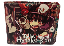 Load image into Gallery viewer, Free UK Royal Mail Tracked 24hr delivery. This premium PVC leather wallet is designed with a smooth finish. High-quality DTG design with striking colours. Two-part art piece showing two sets of anime art from the popular anime series Toilet-bound Hanako-kun. Bi-fold closure, with Five card sections, One zip section, a photo ID section, and the main section. Excellent gift for any Toilet-bound Hanako-kun fan. Limited stock available.
