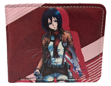 Load image into Gallery viewer, Free UK Royal Mail Tracked 24hr delivery. This premium PVC leather wallet is designed with a smooth finish. High-quality DTG design with striking colours. Two-part art piece showing two sets of anime art of Mikasa Ackerman from the popular anime Attack On Titan. Bi-fold closure, with Five card sections, One zip section, a photo ID section, and the main section. Excellent gift for any Attack On Titan fan.