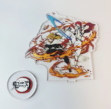 Load image into Gallery viewer, Free Royal Mail 24hr delivery Striking Demon Slayer anime acrylic stand of the famous battle between Kyōjurō Rengoku and Akaza from the popular anime series Demon Slayer. Adapted from the Demon Slayer movie - "Mugen Train". High-quality DTG print design showing the pair in battle. Height: 13cm x 15cm Thickness: 3mm Excellent gift for any Demon Slayer fan.
