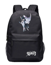 Load image into Gallery viewer, Free UK Royal Mail Tracked 24hr delivery.  Demon Slayer Shinobu Kochō backpack.  Premium lightweight backpack with a capacity of 35cm x17cm x 48cm.  The large main compartment is excellent for books, laptops and lunch boxes etc. Additional front and back zip pockets, and side pockets. Zips are covered for anti-theft. Adjustable pearl cotton shoulder-padded double straps. Waterproof premium oxford fabric. High-quality DTG print with striking colours.  This backpack is excellent for school/college.
