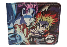Load image into Gallery viewer, Free UK Royal Mail Tracked 24hr delivery.  This premium PVC leather wallet is designed with a smooth finish. High-quality DTG design with striking colours. Two-part art piece showing two sets of anime art from the popular anime series Demon Slayer (Kyōjurō Rengoku vs Akaza final battle).  Bi-fold closure, with Five card sections, One zip section, a photo ID section, and the main section.  Excellent gift for any Demon Slayer fan.  Limited stock available.
