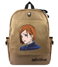 Load image into Gallery viewer, Free UK Royal Mail Tracked 24hr delivery. Jujutsu Kaisen Nobara Kugisaki backpack. Premium lightweight backpack with a capacity of 30cm x12cm x 39cm. The large main compartment is excellent for books, tablets and lunch boxes etc. Additional front pocket and side pockets. Zips are covered for anti-theft. Adjustable pearl cotton shoulder-padded double straps. Waterproof premium oxford fabric. High-quality DTG print with striking colours. This backpack is excellent for school/college.