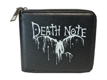 Load image into Gallery viewer, Free UK Royal Mail Tracked 24hr delivery. This premium PVC leather wallet is designed with a smooth finish. High-quality DTG design with striking colours. Two-part art piece showing two sets of anime art on each side of the wallet. Zip closure, with Five card sections, an internal zip section, a photo ID section, and the main section. Excellent gift for any Death Note fan. Limited stock available.