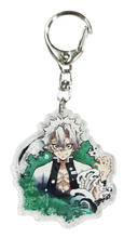Load image into Gallery viewer, Cool set of Demon Slayer keychains - Hashiras Premium design DTG quality acrylic keyrings. The main acrylic panel stands at 6cm (approx), and 4mm (approx) thickness. 3 piece set, and packaged in a window display gift box. Keychain 1: Sanemi Shinazugawa Keychain 2: Giyu Tomioka Keychain 3: Gyomei Himejima Excellent gift for any Demon Slayer fan.