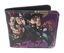 Load image into Gallery viewer, Free UK Royal Mail Tracked 24hr delivery. This premium PVC leather wallet is designed with a smooth finish. High-quality DTG design with striking colours. Two-part art piece showing two sets of anime art on each side of the wallet. Cool design of JoJo's Bizarre Adventure (Jotaro Kujo). Bi-fold closure, with Five card sections, One zip section, a photo ID section, and the main section. Excellent gift for any JoJo's Bizarre Adventure fan.