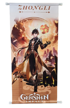 Load image into Gallery viewer, Free UK Royal Mail Tracked 24hr delivery.  Beautiful crafted Genshin Impact wall scroll showing Zhongli from the popular open-world action role-playing game. He is a polite consultant who is known to have bad spending habits but is very cool and reserved.  The scroll is made of premium Oxford fabric silk material. High-quality DTG print design.  Easy assemble (Open, reveal, pull the string, and up you go).  Excellent gift for any Genshin Impact fan.  Size: 39cm x 74cm