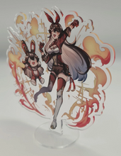 Load image into Gallery viewer, Free Royal Mail 24hr delivery Beautiful Acrylic stand of Amber and her doll (Baron bunny) from the popular open-world action role-playing game - "GENSHIN IMPACT". High-quality DTG print design showing Amber and her explosive doll posing elegantly in a fiery background. Height: 12.5cm x 15cm Thickness: 3mm