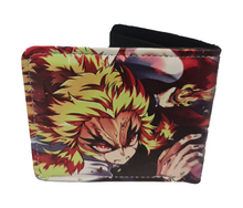 Load image into Gallery viewer, Free UK Royal Mail Tracked 24hr delivery.  This premium PVC leather wallet is designed with a smooth finish. High-quality DTG design with striking colours. Two-part art piece showing two sets of anime art from the popular anime series Demon Slayer (Kyōjurō Rengoku vs Akaza final battle).  Bi-fold closure, with Five card sections, One zip section, a photo ID section, and the main section.  Excellent gift for any Demon Slayer fan.  Limited stock available.
