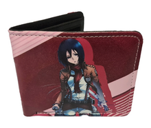 Load image into Gallery viewer, Free UK Royal Mail Tracked 24hr delivery. This premium PVC leather wallet is designed with a smooth finish. High-quality DTG design with striking colours. Two-part art piece showing two sets of anime art of Mikasa Ackerman from the popular anime Attack On Titan. Bi-fold closure, with Five card sections, One zip section, a photo ID section, and the main section. Excellent gift for any Attack On Titan fan.