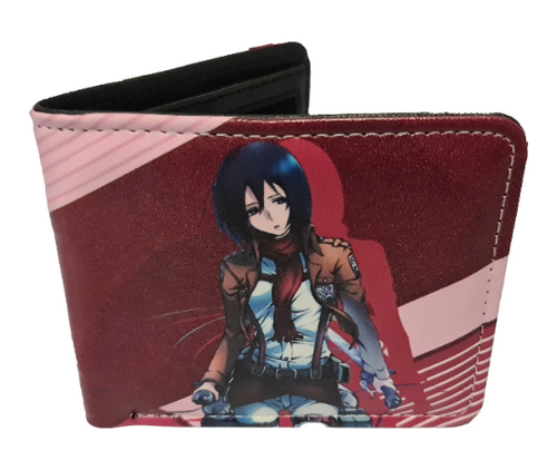 Free UK Royal Mail Tracked 24hr delivery.  This premium PVC leather wallet is designed with a smooth finish. High-quality DTG design with striking colours. Two-part art piece showing two sets of anime art of Mikasa Ackerman from the popular anime Attack On Titan.  Bi-fold closure, with Five card sections, One zip section, a photo ID section, and the main section.  Excellent gift for any Attack On Titan fan.
