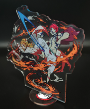 Load image into Gallery viewer, Free Royal Mail 24hr delivery Striking Demon Slayer anime acrylic stand of the famous battle between Kyōjurō Rengoku and Akaza from the popular anime series Demon Slayer. Adapted from the Demon Slayer movie - "Mugen Train". High-quality DTG print design showing the pair in battle. Height: 13cm x 15cm Thickness: 3mm Excellent gift for any Demon Slayer fan.