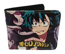 Load image into Gallery viewer, Free UK Royal Mail Tracked 24hr delivery. This premium PVC leather wallet is designed with a smooth finish. High-quality DTG design with striking colours. Two-part art piece showing two sets of anime art from the popular anime series My Hero Academia. Bi-fold closure, with Five card sections, One zip section, a photo ID section, and the main section. Excellent gift for any My Hero Academia fan. Limited stock available.