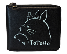 Load image into Gallery viewer, Free UK Royal Mail Tracked 24hr delivery. This premium PVC leather wallet is designed with a smooth finish. High-quality DTG design with striking colours. Two-part art piece showing two sets of anime art on each side of the wallet. Zip closure, with Five card sections, an internal zip section, a photo ID section, and the main section. Excellent gift for any My Neighbor Totoro fan. Limited stock available.