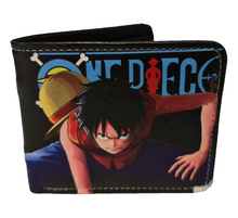 Load image into Gallery viewer, Free UK Royal Mail Tracked 24hr delivery.  This premium PVC leather wallet is designed with a smooth finish. High-quality DTG design with striking colours. Two-part art piece showing two sets of anime art on each side of the wallet.  Bi-fold closure, with Five card sections, One zip section, a photo ID section, and the main section.  Excellent gift for any ONE PIECE fan.  Limited stock available.
