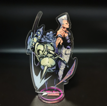 Load image into Gallery viewer, Free Royal Mail 24hr delivery Striking Acrylic stand of Jean Pierre Polnareff and Silver Chariot from the popular anime series JoJo's Bizarre Adventure. High-quality DTG print design showing Jean Pierre Polnareff and Silver Chariot posing in battle mode. Height: 12.5cm x 15cm Thickness: 3mm Excellent gift for any JoJo's Bizarre Adventure fan.