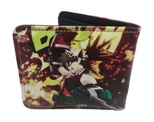 Load image into Gallery viewer, Free UK Royal Mail Tracked 24hr delivery. This premium PVC leather wallet is designed with a smooth finish. High-quality DTG design with striking colours. Two-part art piece showing two sets of anime art from the popular anime series My Hero Academia (Katsuki Bakugo). Bi-fold closure, with Five card sections, One zip section, a photo ID section, and the main section. Excellent gift for any My Hero Academia fan.