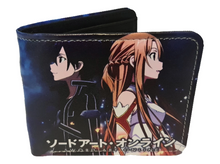 Load image into Gallery viewer, Free UK Royal Mail Tracked 24hr delivery. This premium PVC leather wallet is designed with a smooth finish. High-quality DTG design with striking colours. Two-part art piece showing two sets of anime art from the popular anime series Sword Art Online (Characters: Kirito and Asuna). Bi-fold closure, with Five card sections, One zip section, a photo ID section, and the main section. Excellent gift for any Sword Art Online fan. Limited stock available.