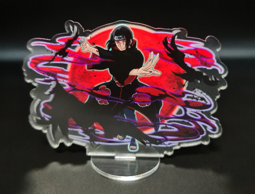 Free Royal Mail 24hr delivery.  Beautiful Acrylic stand of Itachi Uchiha from the popular anime series Naruto.  High-quality DTG print design showing the main Character Itachi Uchiha posing in battle mode.  Height: 12.5cm x 15cm Thickness: 3mm  Excellent gift for any Naruto fan.