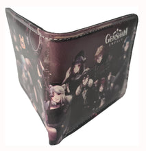 Load image into Gallery viewer, Free UK Royal Mail Tracked 24hr delivery.  This premium PVC leather wallet is designed with a smooth finish. High-quality DTG design with striking colours. Two-part art piece showing two sets of anime art on each side of the wallet.  Bi-fold closure, with Five card sections, One zip section, a photo ID section, and the main section.  Excellent gift for any Genshin Impact fan.