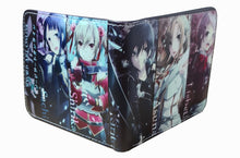 Load image into Gallery viewer, This premium PVC leather wallet is designed with a smooth finish. High-quality DTG design with striking colors directly onto the wallet. Two-part art piece showing two unique sets of anime art on each side of the wallet. Bi-fold closure, with Five card sections, One zip section, photo ID section, and the main section.
