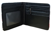 Load image into Gallery viewer, This premium PVC leather wallet is designed with a smooth finish. High-quality DTG design with striking colors directly onto the wallet. Two-part art piece showing two unique sets of anime art on each side of the wallet. Bi-fold closure, with Five card sections, One zip section, photo ID section, and the main section.