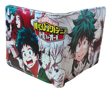 Load image into Gallery viewer, This premium PVC leather wallet is designed with a smooth finish. High-quality DTG design with striking colors directly onto the wallet. Two-part art piece showing two unique sets of anime art on each side of the wallet. Bi-fold closure, with Five card sections, One zip section, photo ID section, and the main section.