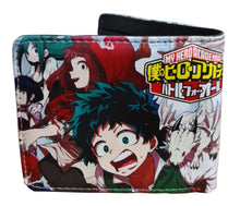 Load image into Gallery viewer, This premium PVC leather wallet is designed with a smooth finish. High-quality DTG design with striking colors directly onto the wallet. Two-part art piece showing two unique sets of anime art on each side of the wallet. Bi-fold closure, with Five card sections, One zip section, photo ID section, and the main section.