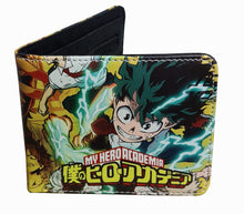 Load image into Gallery viewer, This premium PVC leather wallet is designed with a smooth finish. High-quality DTG design with striking colors directly onto the wallet. Two-part art piece showing two unique sets of anime art on each side of the wallet. Bi-fold closure, with Five card sections, One zip section, photo ID section, and the main section.