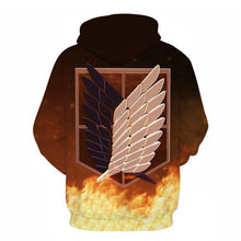 Load image into Gallery viewer, Sharp design of Attack on Titan Scout Logo Anime hoodie. Premium DTG print with striking colours - polyester hoodie. The silken style of this hoodie makes this hoodie lightweight and comfortable to wear. Excellent for Autumn/Winter. The DTG technology print the design directly onto the hoodie which makes the design really stand out, easy to wash, and the colour of design will not fade or crack. Adjustable drawstring for the hood with a large front pockets.