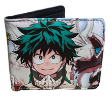 Load image into Gallery viewer, This premium PVC leather wallet is designed with a smooth finish. High-quality DTG design with striking colors directly onto the wallet. Two-part art piece showing two unique sets of anime art on each side of the wallet. Bi-fold closure, with Five card sections, One zip section, photo ID section, and the main section.