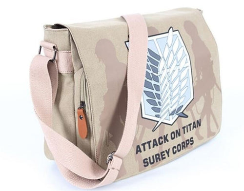High quality Attack on Titan shoulder bag. This bag is made from high quality Oxford fabric.  Excellent quality DTG print design, adjustable shoulder straps, and 6 external compartments. The internal section is spacious with an internal section for purse and wallet, the bag can fit a small laptop, books, and notepads.