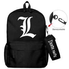 Load image into Gallery viewer, Death Note full colour anime Bag set – 2 piece. Premium DTG print design. High quality durable nylon fabric bag set, light weight and waterproof. Long-term use and easy to clean. High detailed design with striking colours. The large bag measures 40cm x 30cm x 17cm – Excellent for school/college with a large main compartment and additional compartment for wallet and phones, also a side pockets for bottles/umbrellas.