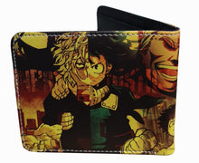 Load image into Gallery viewer, This premium PVC leather wallet is designed with a smooth finish. High-quality DTG design with striking colors directly onto the wallet. Two-part art piece showing two unique sets of anime art on each side of the wallet. Bi-fold closure, with Five card sections, One zip section, photo ID section, and the main section.
