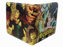 Load image into Gallery viewer, This premium PVC leather wallet is designed with a smooth finish. High-quality DTG design with striking colors directly onto the wallet. Two-part art piece showing two unique sets of anime art on each side of the wallet. Bi-fold closure, with Five card sections, One zip section, photo ID section, and the main section.