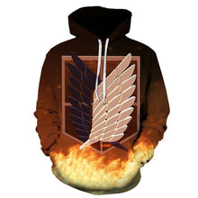 Load image into Gallery viewer, Sharp design of Attack on Titan Scout Logo Anime hoodie. Premium DTG print with striking colours - polyester hoodie. The silken style of this hoodie makes this hoodie lightweight and comfortable to wear. Excellent for Autumn/Winter. The DTG technology print the design directly onto the hoodie which makes the design really stand out, easy to wash, and the colour of design will not fade or crack. Adjustable drawstring for the hood with a large front pockets.