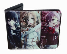 Load image into Gallery viewer, This premium PVC leather wallet is designed with a smooth finish. High-quality DTG design with striking colors directly onto the wallet. Two-part art piece showing two unique sets of anime art on each side of the wallet. Bi-fold closure, with Five card sections, One zip section, photo ID section, and the main section.