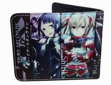 Load image into Gallery viewer, This premium PVC leather wallet is designed with a smooth finish. High-quality DTG design with striking colors directly onto the wallet. Two-part art piece showing two unique sets of anime art on each side of the wallet. Bi-fold closure, with Five card sections, One zip section, photo ID section, and the main section.
