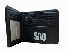 Load image into Gallery viewer, This premium PVC leather wallet is designed with a smooth finish. High-quality DTG design with striking colors directly onto the wallet. Two-part art piece showing two unique sets of anime art on each side of the wallet. Bi-fold closure, with Five card sections, One zip section, photo ID section, and the main section.