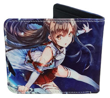 Load image into Gallery viewer, This premium PVC leather wallet is designed with a smooth finish. High-quality DTG design with striking colors directly onto the wallet. Two-part art piece showing two unique sets of anime art on each side of the wallet.